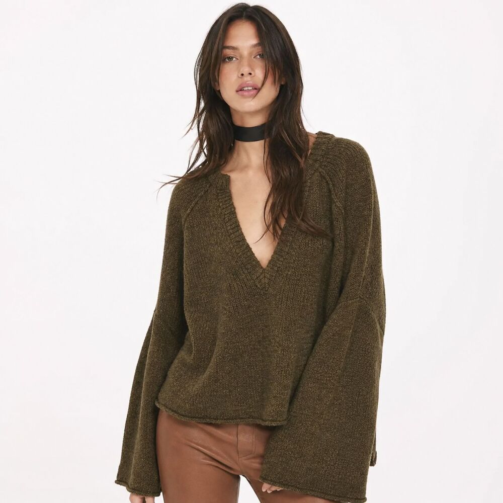 Free People Lovely Lines Bell Sleeve Sweater Green Boho Casual Cozy Knit Size M